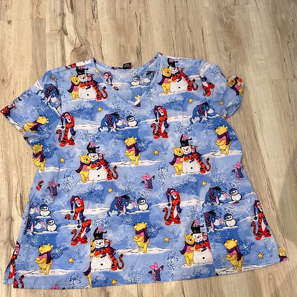 Blue Winnie the Pooh Print Scrub Top